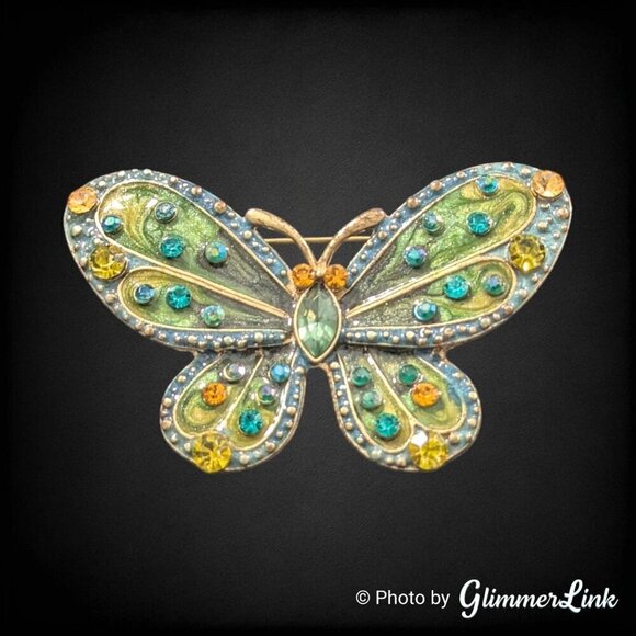 Vintage Green Enamel Rhinestone Butterfly Gold Tone Brooch Pendant - Picture 1 of 6